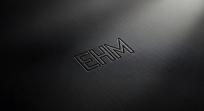 Monochromatic, embossed initials "EHM" on a textured black surface, lit from above right