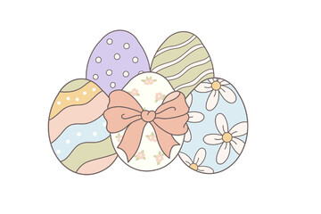 Colorful easter eggs with bow on transparent background for spring holiday