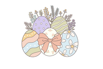 Pastel easter eggs with flowers and bow decoration isolated on transparent background
