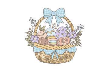 Easter basket filled with colorful eggs and flowers on transparent background