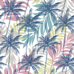 Tropical vector seamless pattern. Colored palm trees on a light background. Print for Hawaiian shirt, beachwear, summer vacation.  © Penguin Baby