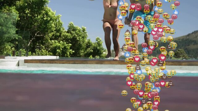 Man and woman running and jumping off pool rim, generating social media reactions covering right