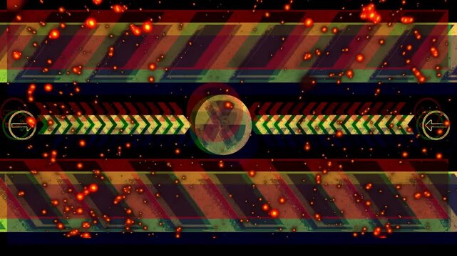 Hazard graphic being animated by color glitch, embers rising, arrows flashing, warning forming