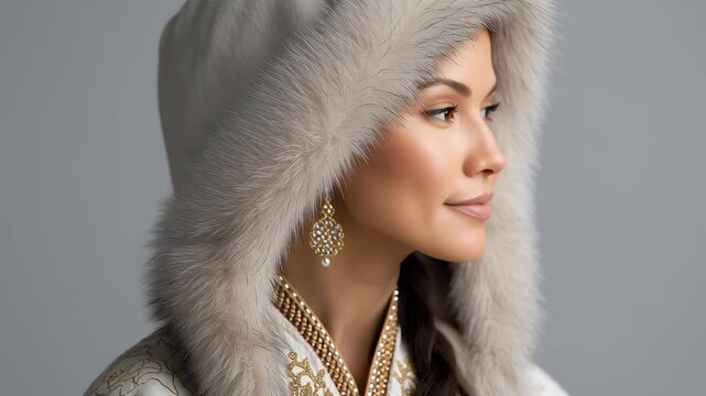 Elegant inuit woman in traditional northern clothing with fur hood and detailed embroidery, studio portrait on neutral background