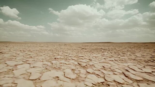 Expansive arid desert with cracked, parched earth stretching to the distant horizon under a cloudy sky, illustrating drought, heat and advancing desertification
