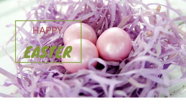 Green overlay appearing, cam zooming out right, showing purple nest with 3 pink eggs for Easter