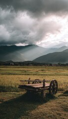 Fototapeta premium Wooden cart in a rural landscape under cloudy sky with mountain background