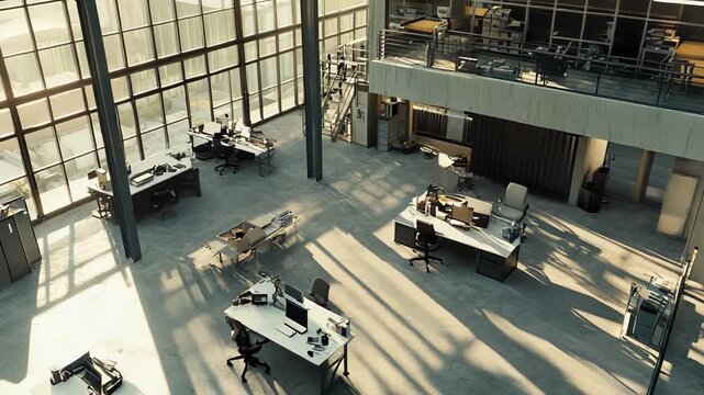 Industrial loft style open plan office with high ceilings, floor to ceiling windows and sunlit workstations, bright minimalist space for modern teams and startups