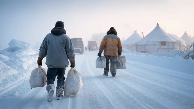 Two people walking through a snowy Arctic village carrying heavy bags along an icy road at dawn