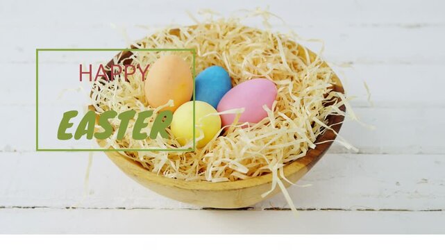 Green line growing triggers wooden bowl dropping, centering eggs while showing HAPPY EASTER card