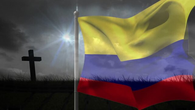 Tricolor flag billowing, swinging out then falling back under gusting wind, evoking memorial tone