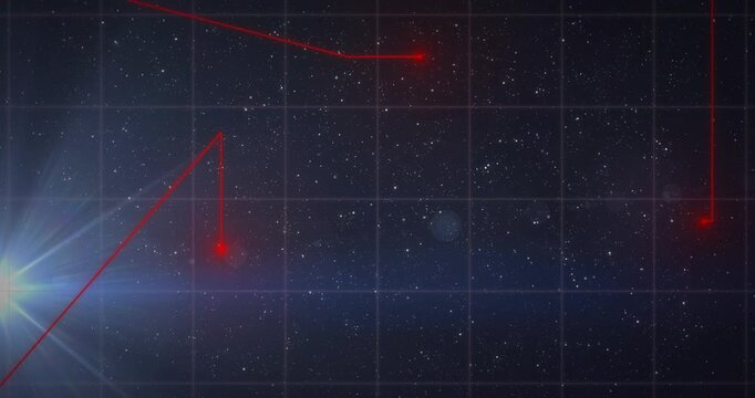 Red nodes emerging from edges moving inward leaving trails linking into jagged zigzag spanning grid