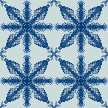 Blue Ink Hand-Drawn Snowflake Mandala Seamless Pattern