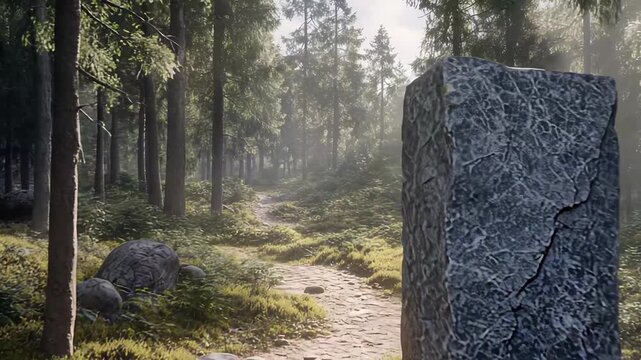 Ancient stone monolith stands prominently on a winding forest path, receiving bright sunlight filtering through the tall trees, creating an atmosphere of mystery and natural beauty among the woods