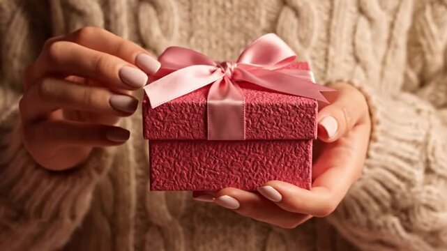 A close-up shot features a person's hands delicately holding and presenting a beautiful small, textured pink gift box adorned with a shiny satin ribbon and an elegant bow. The background is softly blu