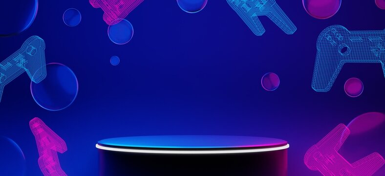 abstract backgound video game of scifi gaming cyberpunk, vr virtual reality simulation and metaverse, scene stand pedestal stage, 3d illustration rendering, futuristic neon glow room