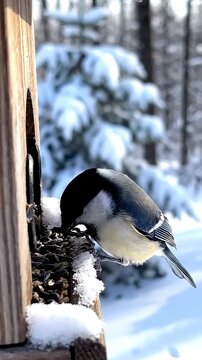 A black-capped chickadee eating seeds from a snowy bird feeder in a forest