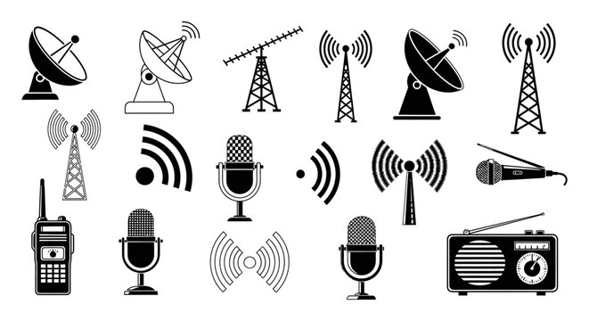 Collection of black and white communication and broadcasting technology icons