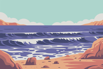 Naklejka premium Serene ocean waves crash on sandy beach with rocky shoreline and distant mountains