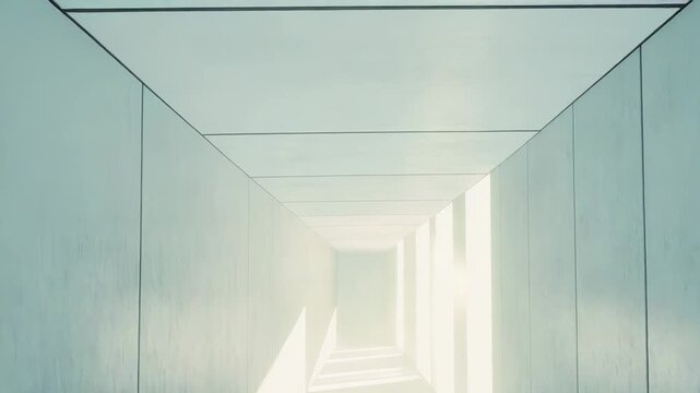 Long futuristic corridor featuring stark minimalist architecture, bright sunlight streaming through vertical windows, creating dramatic shadows and a sense of depth and journey