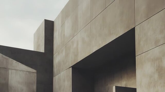 Modern architecture featuring abstract geometric shapes, modular concrete panels, and steps bathed in soft light and shadow, creating a minimalist composition