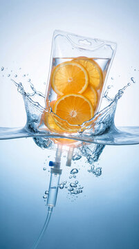 Vertical story layout. Intravenous vitamin IV drip therapy bag with orange slices splashing in clear water. Copy space
