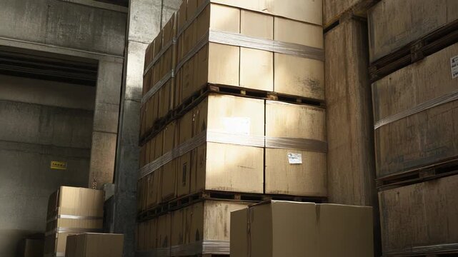 Cardboard boxes are stacked high on pallets within a warehouse, creating rows of inventory ready for shipping and distribution, highlighting supply chain and logistics concepts