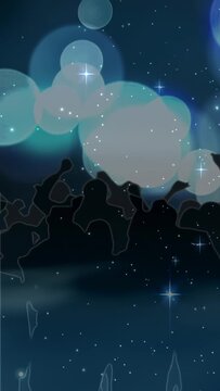 Vertical video: Beat starting crowd lifting hands, center raising fist cheering under teal bokeh