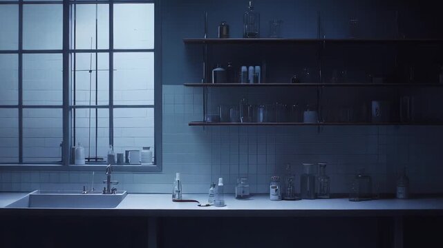 Empty science laboratory interior featuring various bottles, flasks, and glass containers on shelves and a countertop, illuminated by soft blue light and a glowing pendant lamp
