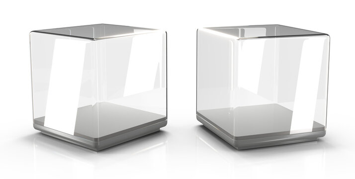 Acrylic clear square display cube for retail or exhibition. 3d illustration on white background