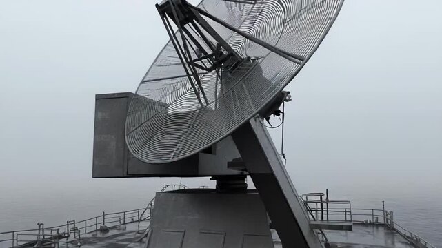 Large parabolic communications antenna stands on a platform, tracking signals and data through the heavy mist, symbolizing global connectivity and advanced technology