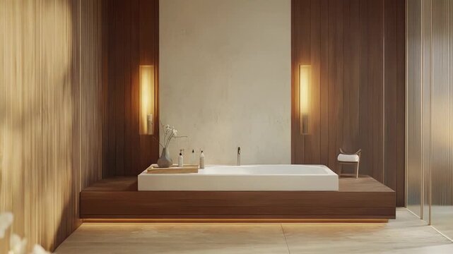 Luxury bathroom interior presenting a freestanding bathtub, warm wood panels, ambient lighting, and elegant decor, creating a serene and tranquil spa environment