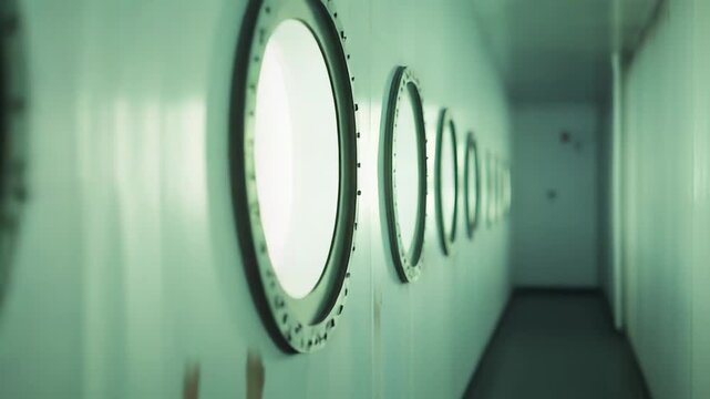 Ship interior corridor lined with numerous portholes, creating a repeating pattern and leading towards a distant blur, conveying themes of journey, navigation, and maritime design