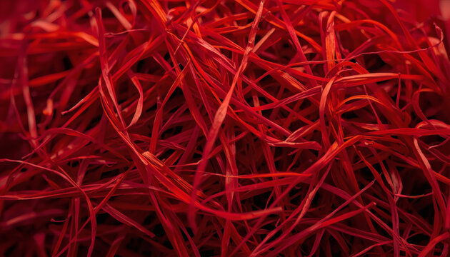 Vibrant red saffron threads macro. Luxury expensive culinary spice.