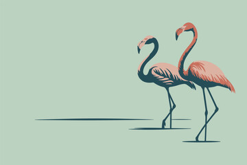 Fototapeta premium Elegant flamingos standing together in modern illustration with copy space