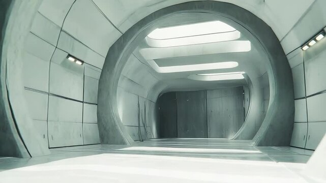 Empty futuristic corridor in a minimalist sci fi facility featuring clean lines, reflective surfaces, and natural light from overhead windows, symbolizing innovation, technology, and progress