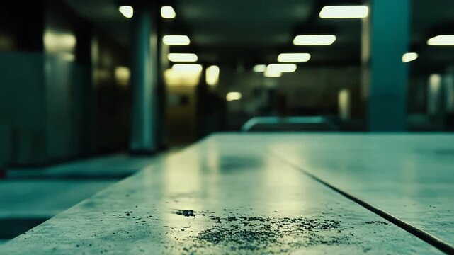 Sterile stainless steel autopsy table in a dimly lit, cold room, representing themes of forensics, death, mystery, and medical procedures in a hospital environment