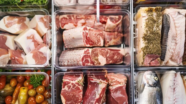 Various types of fresh meat and fish displayed in clear packaging. Includes beef, pork, and whole fish, alongside fresh vegetables.