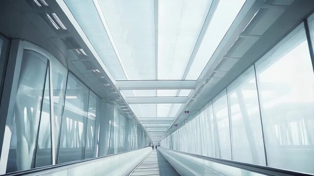 Modern moving walkway in an aerospace terminal, extending into the distance through a bright glass and steel skybridge, offering efficient passenger transport and a sense of progression
