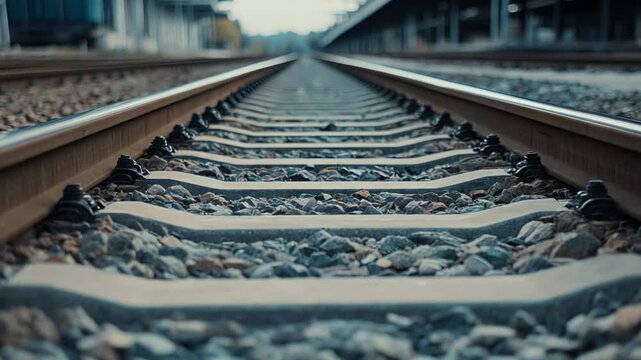 Railway tracks extending into the distance, with strong perspective, offering concepts of travel, journey, infrastructure, and connecting various destinations