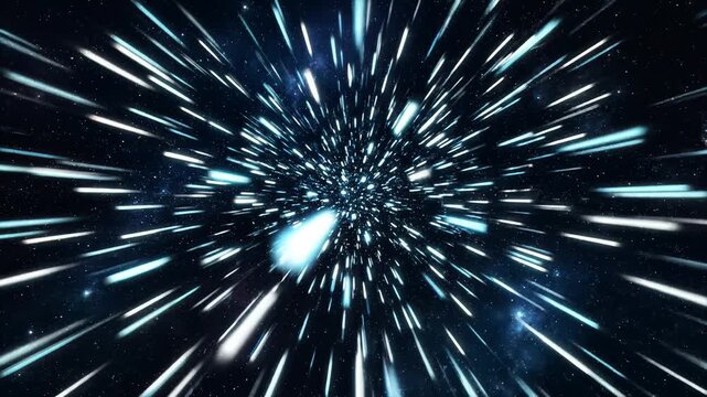 Futuristic hyperspace tunnel with glowing blue light streaks.