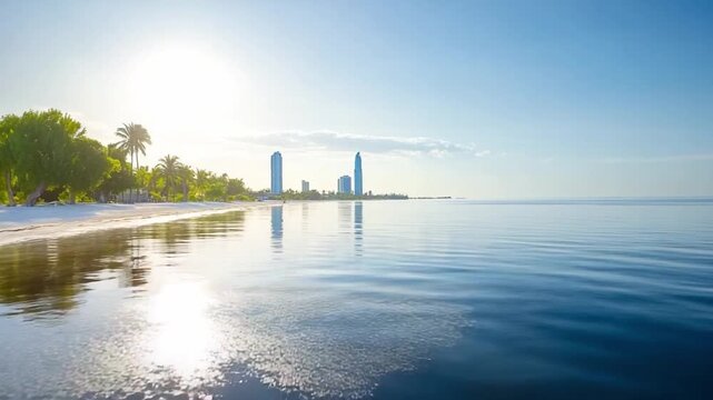 Seaside Cityscape: A serene coastal view captures the interplay of the bright sun, calm sea, sandy beach, and modern buildings. A harmonious scene of urban development blending with natural beauty.