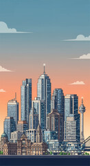 Fototapeta premium City skyline with modern and historical buildings at sunset.