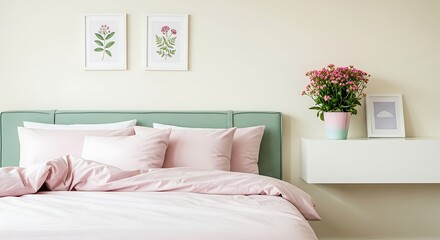 Serene Bedroom Interior with Pastel Pink and Mint Green Accents.