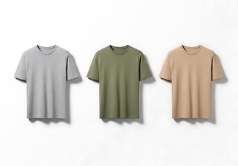 Three t shirts in varying neutral tones displayed against a white background
