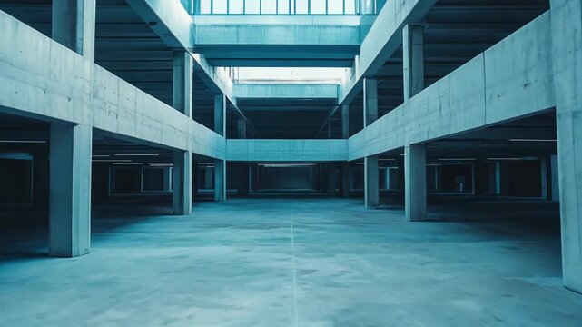 Vast empty concrete parking garage featuring a stark brutalist architectural style, with repetitive columns and beams creating a strong, modern perspective reflecting industrial design