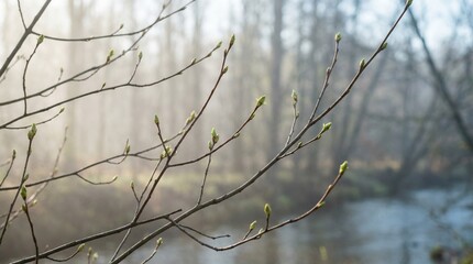 Fototapeta premium Early spring forest landscape with budding branches near a calm stream, morning mist and melting snow, soft natural light