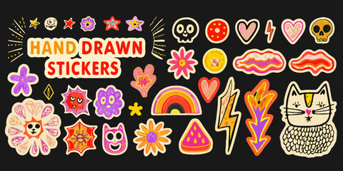 Fototapeta premium Colorful hand drawn stickers featuring whimsical designs and playful illustrations