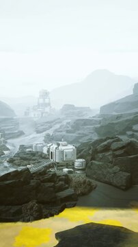 expanding coastal settlement with modular units, workers assembling new blocks beside shallow yellow pools, distant watchtower overseeing development,