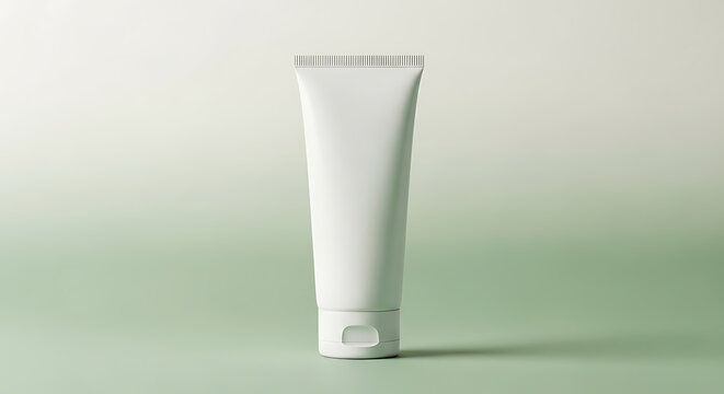 A white toothpaste tube standing upright on a light green background